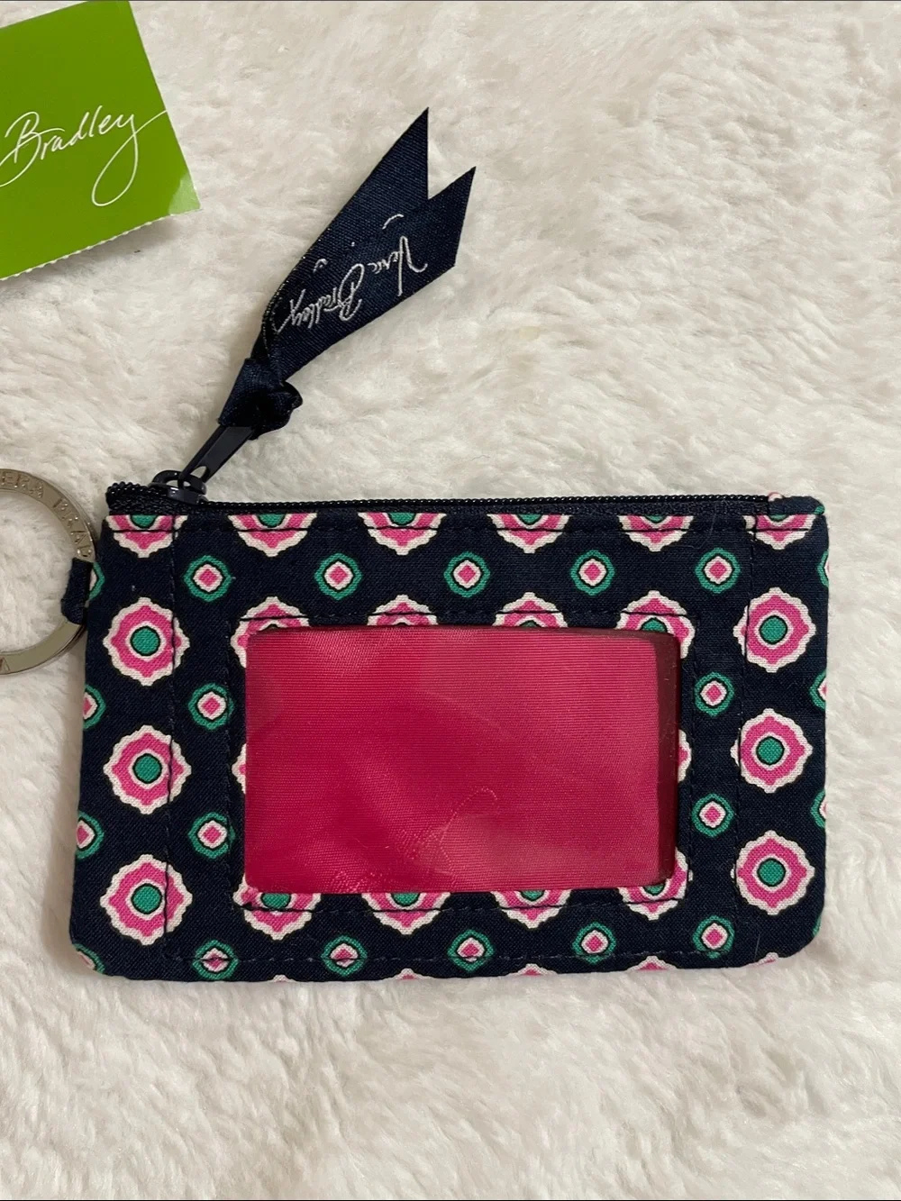 Vera Bradley Navy, Pink & Green Patterned ID Zip Coin Pouch with Key Ring - Picture 3 of 7